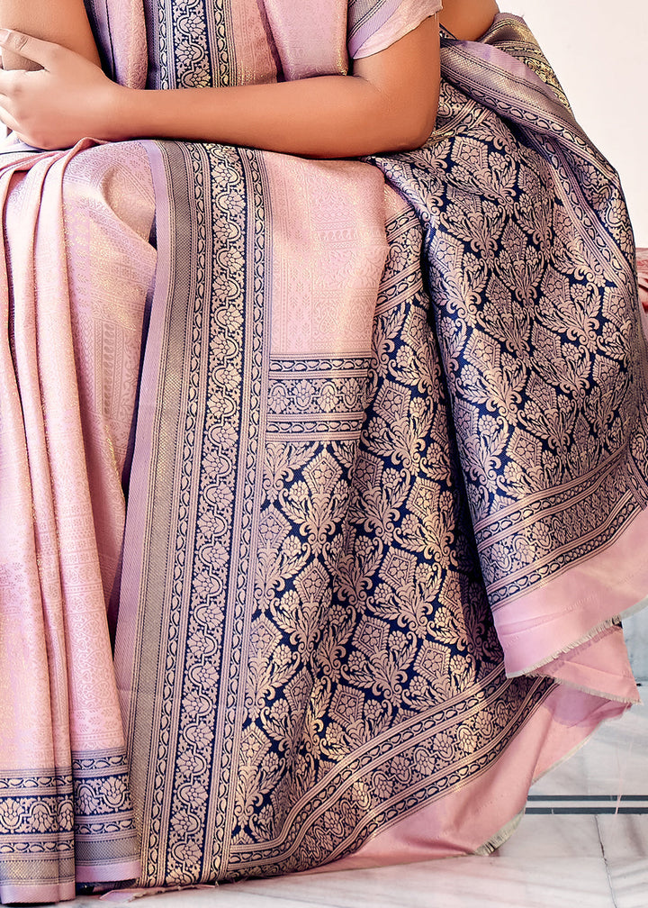 Light Pink & Blue Zari Woven Kanjivaram Silk Saree