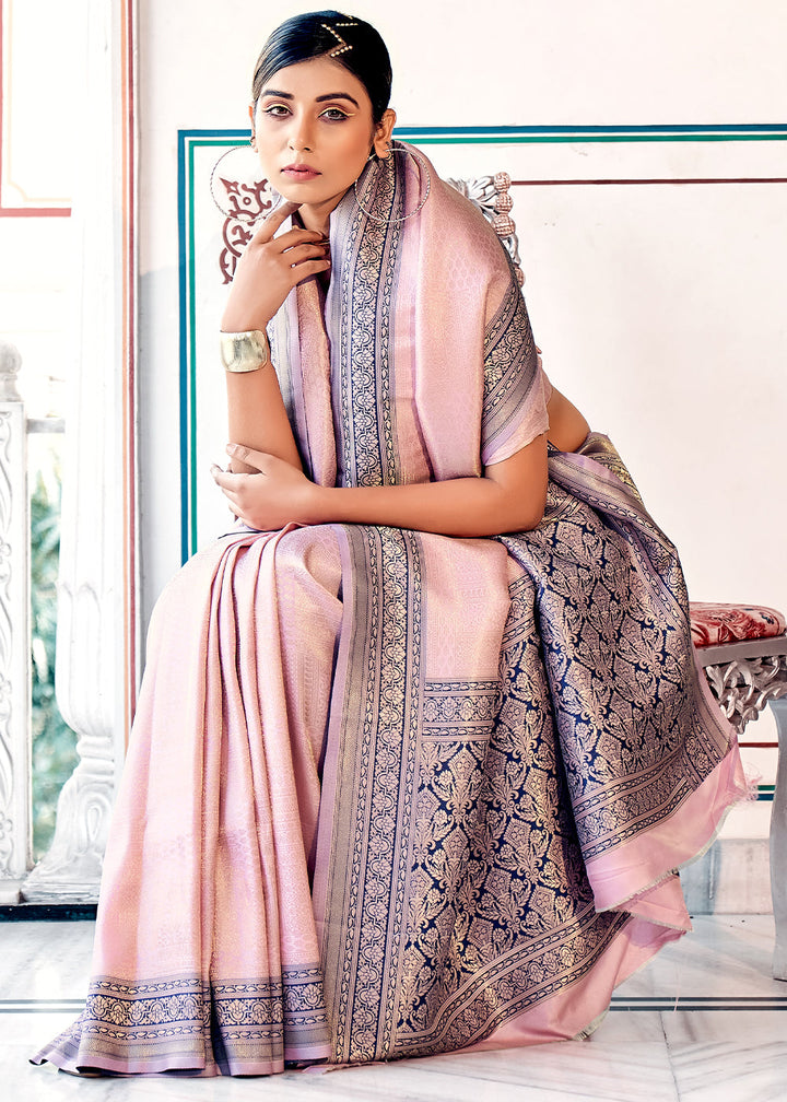 Light Pink & Blue Zari Woven Kanjivaram Silk Saree