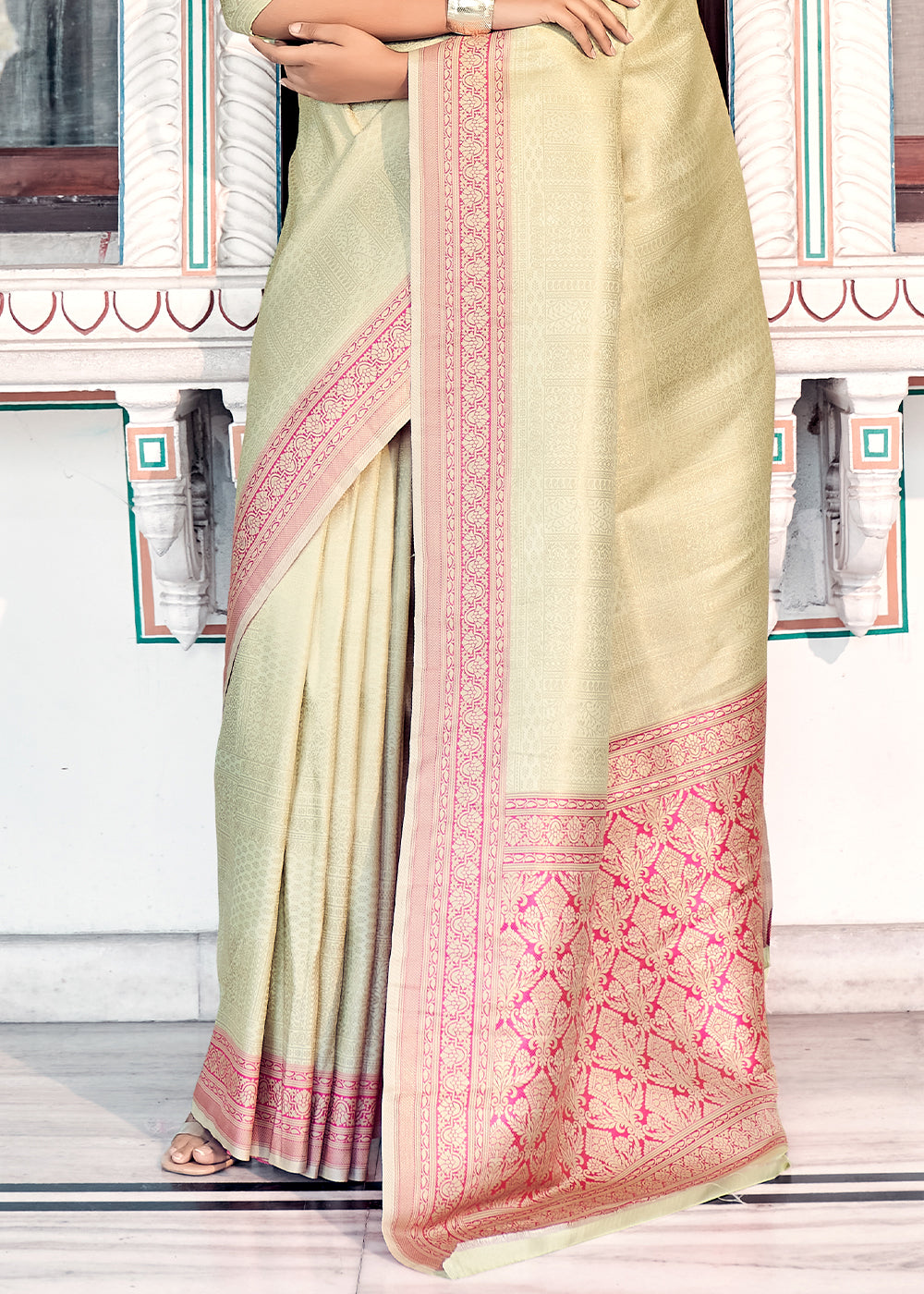 Tea Green & Pink Zari Woven Kanjivaram Silk Saree