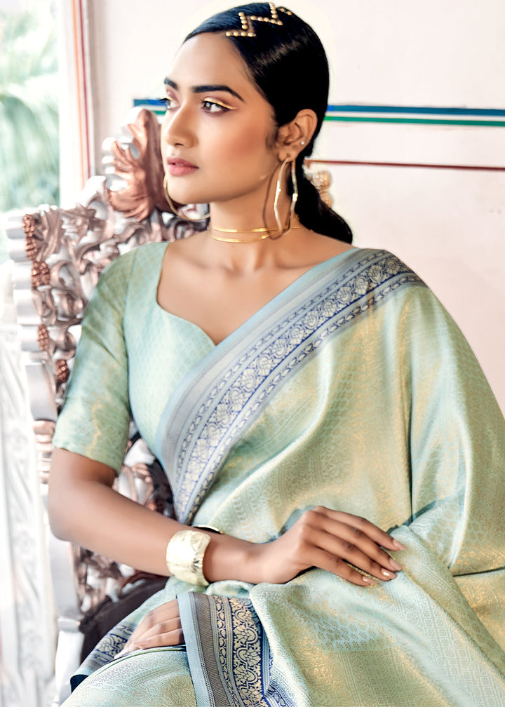 Light Pastel Green & Blue Zari Woven Kanjivaram Silk Saree