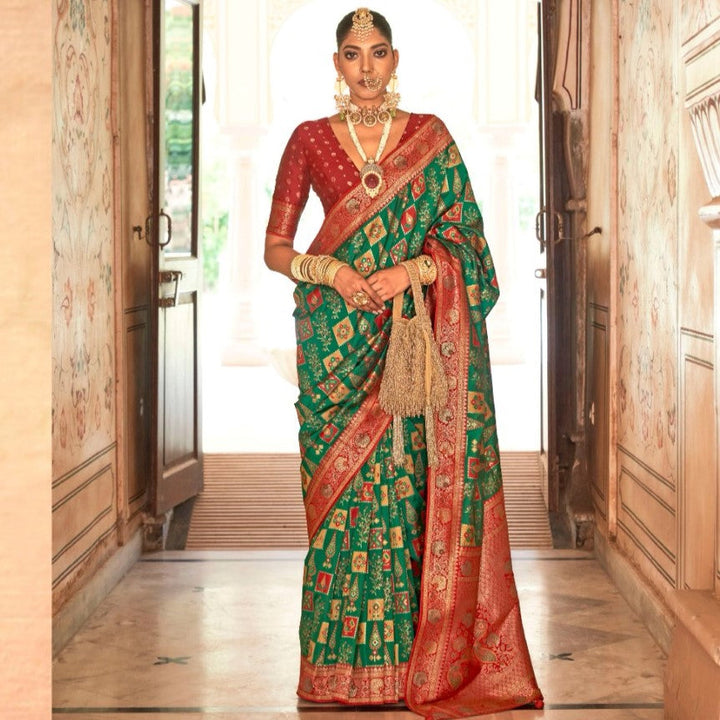 Green Peacock Motif Banarasi brocade Reception Saree With Contrast Border