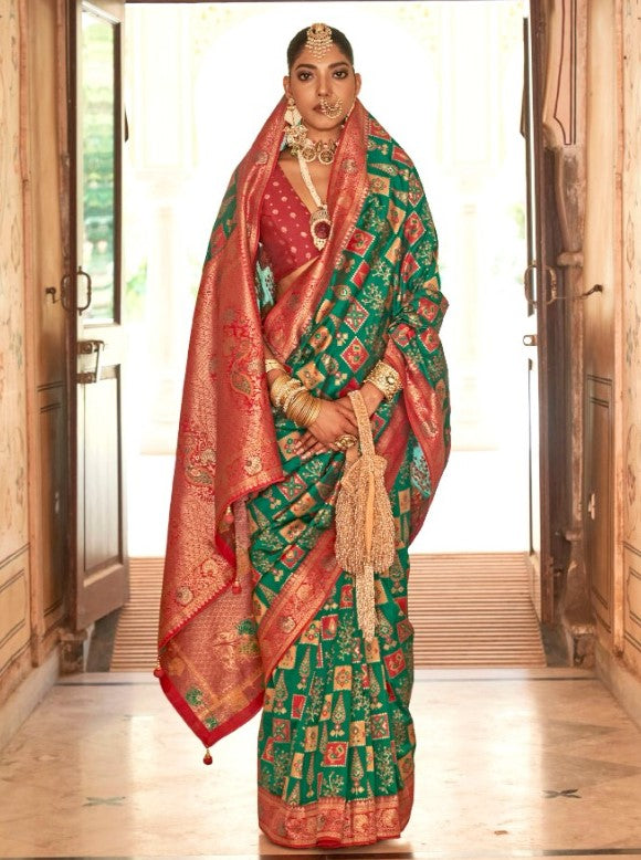 Green Peacock Motif Banarasi brocade Reception Saree With Contrast Border