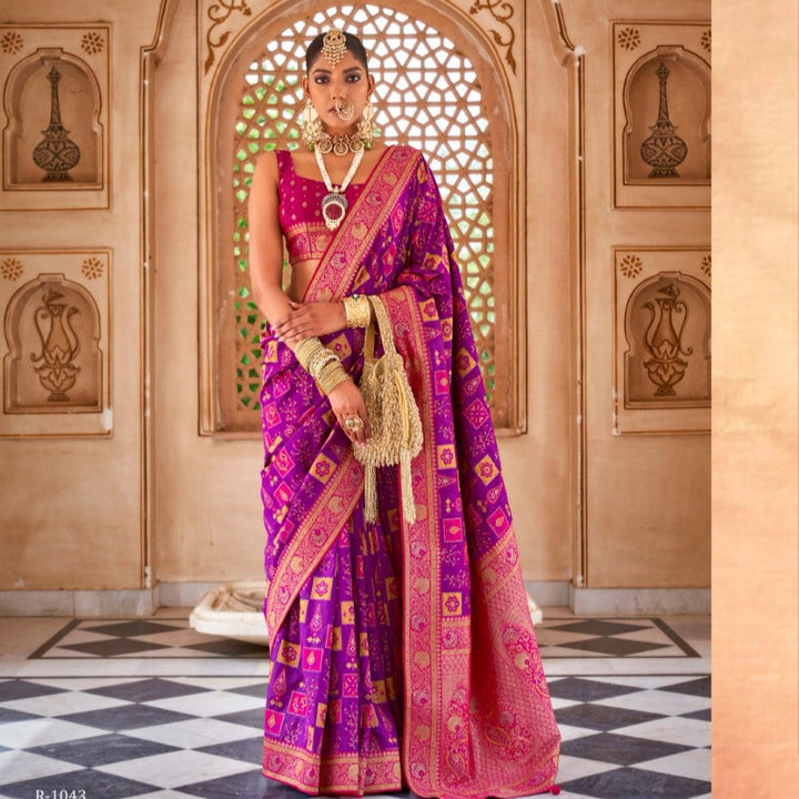 Dark Magenta Peacock Motif Banarasi brocade Reception Saree With Contrast Border