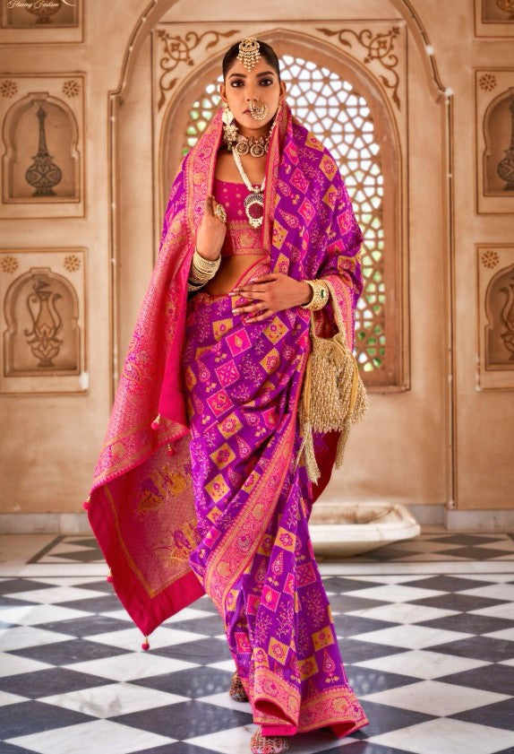 Dark Magenta Peacock Motif Banarasi brocade Reception Saree With Contrast Border