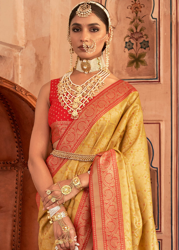 Yellow & Red Zari Woven Banarasi Silk Saree