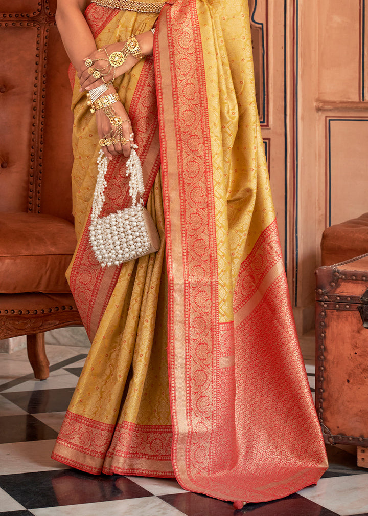 Yellow & Red Zari Woven Banarasi Silk Saree