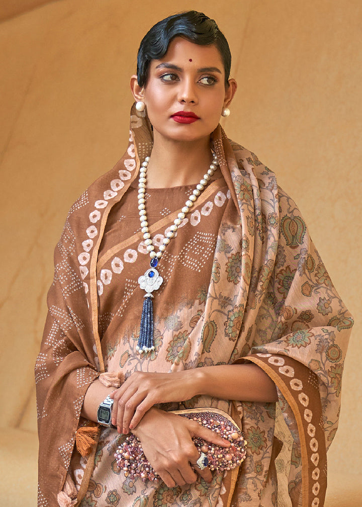 Shades Of Brown Floral Printed Chanderi Cotton Saree