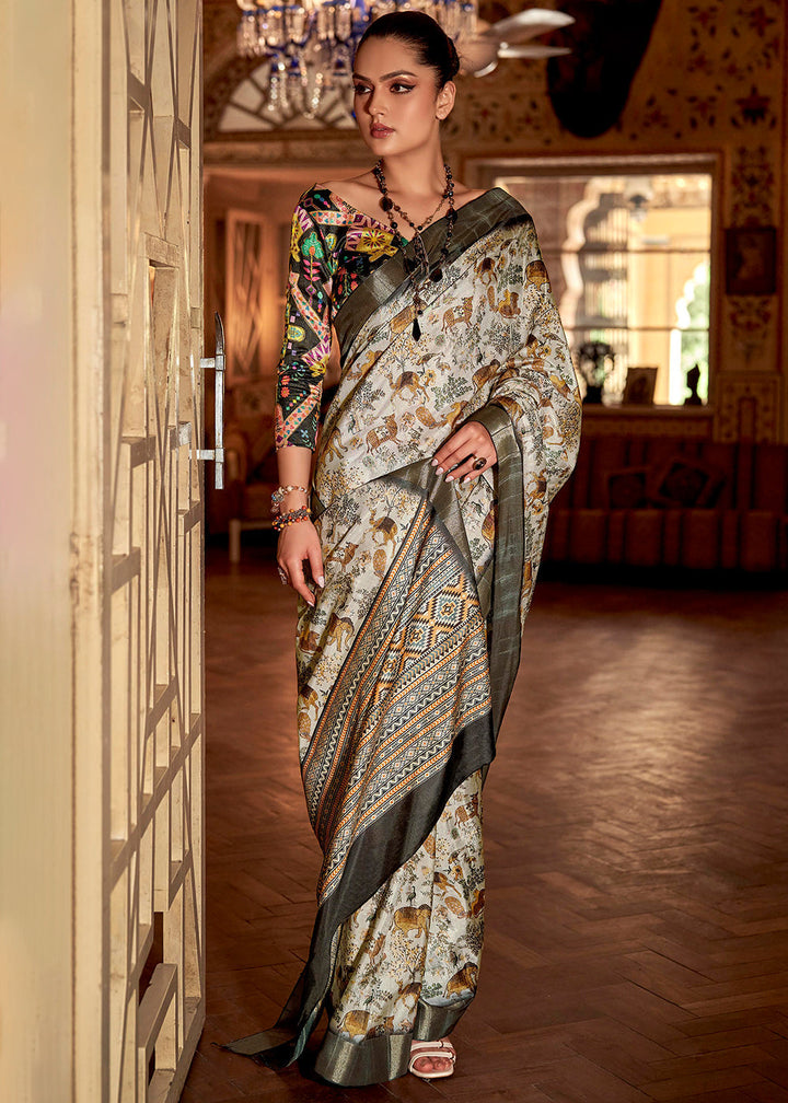 Pearl White Printed Zari woven Silk Saree