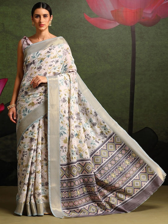 Women's Silk Blend White Printed Celebrity Saree With Blouse Piece