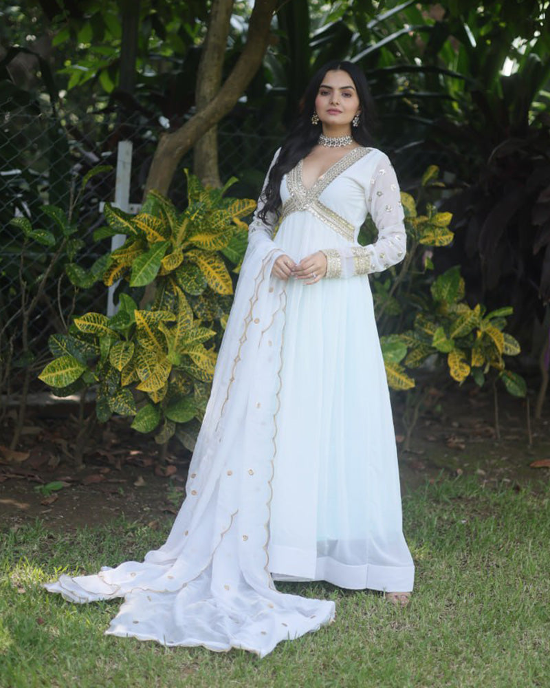 Wedding Wear Embroidered White Color Alia Cut Gown With Dupatta  - By Qivii