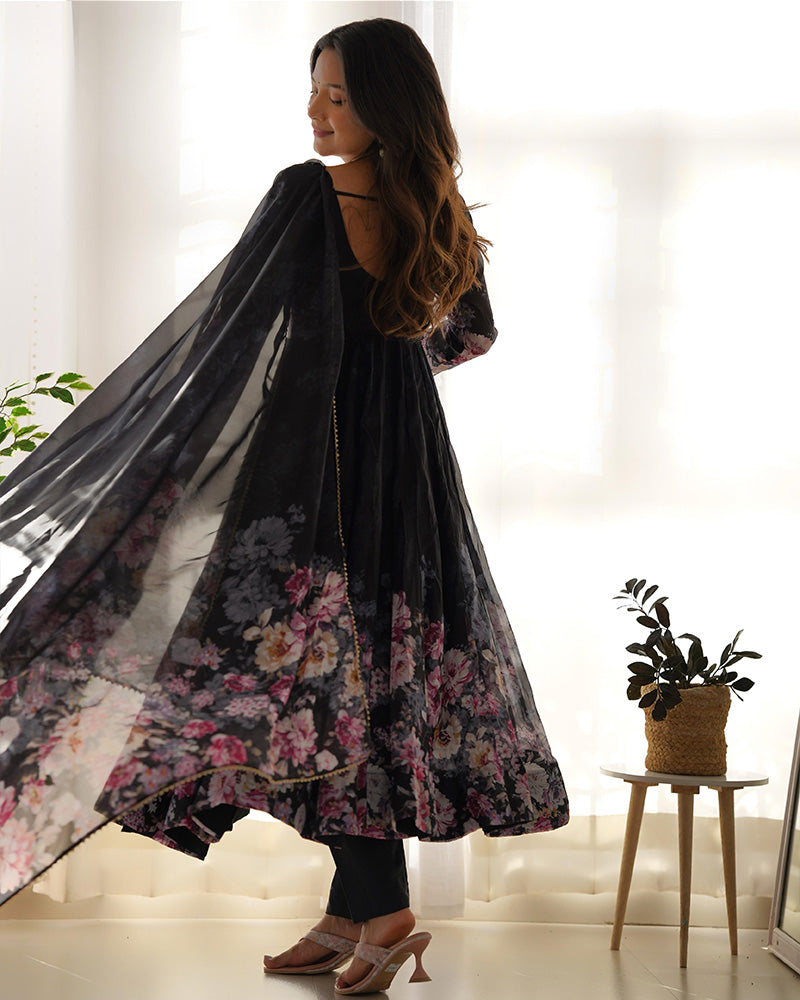 Beautiful black floral print organza three piece anarkali suit by Qivii, perfect for special occasions and formal events