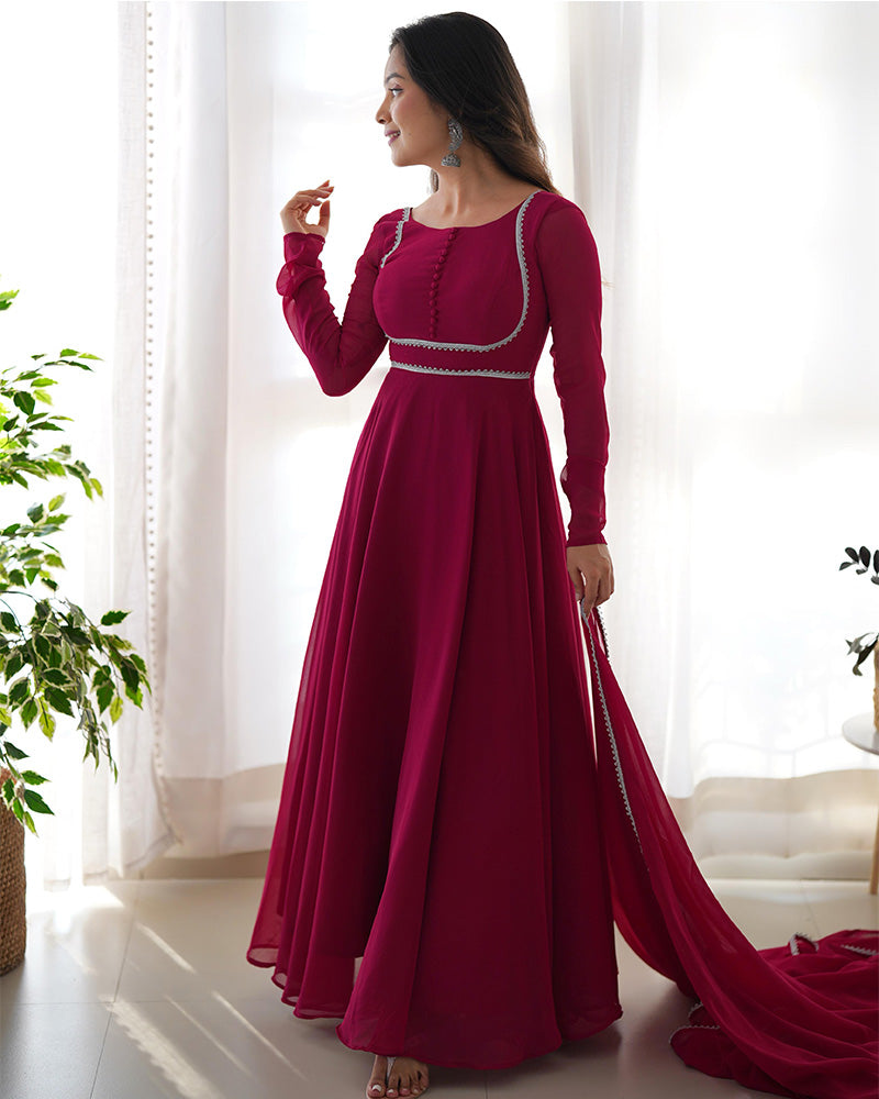 Rose Pink Georgette Embroidered Gown Three Piece Suit  - By Qivii