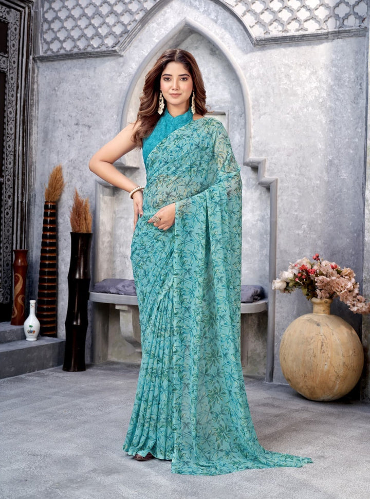 BEAUTIFUL BLUE COLOUR ETHNIC FLORAL PRINTED WEIGHTLESS FABRIC SAREE