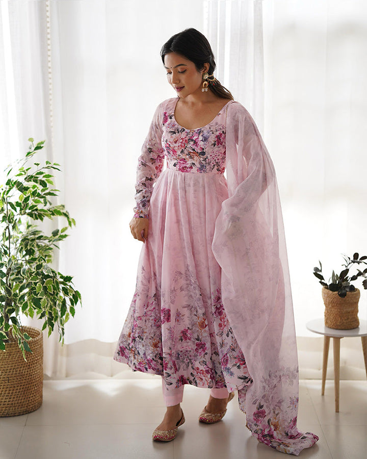 Baby Pink Color Floral Print Organza Three Piece Anarkali Suit  - By Qivii