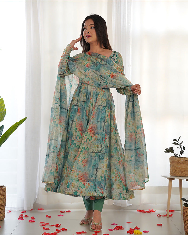 Bottle Green Color Floral Print Organza Three Piece Anarkali Suit  - By Qivii