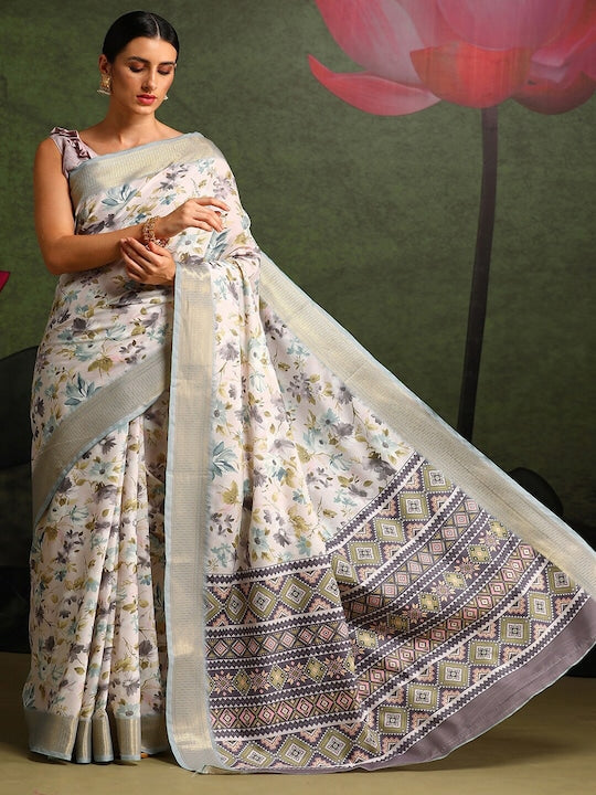 Women's Silk Blend White Printed Celebrity Saree With Blouse Piece