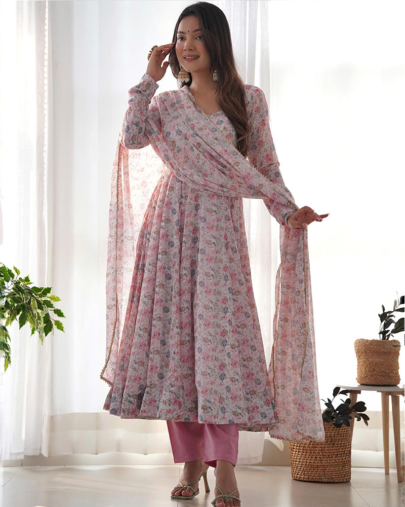 Baby Pink Color Heavy Chiffon Floral Print With Full Flair Three Piece Anarkali Suit  - By Qivii