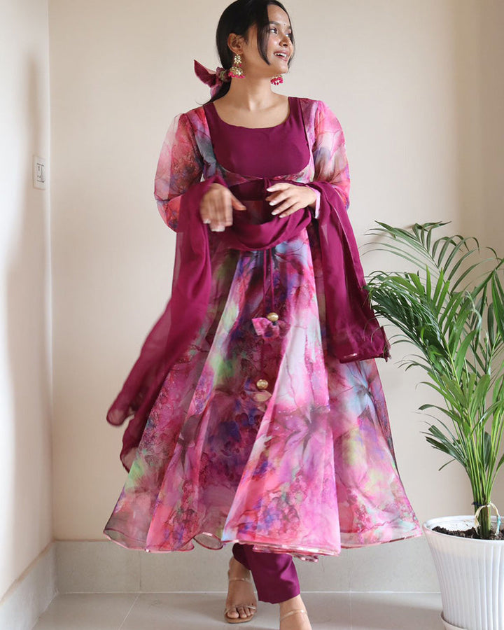 Rose Pink Color Digital Print Organza Three Piece Anarkali Suit  - By Qivii