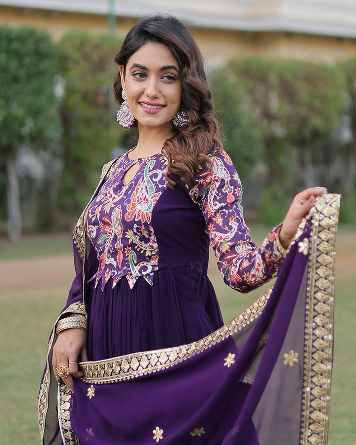 Purple Color Frill Georgette Gown With Dupatta  - By Qivii