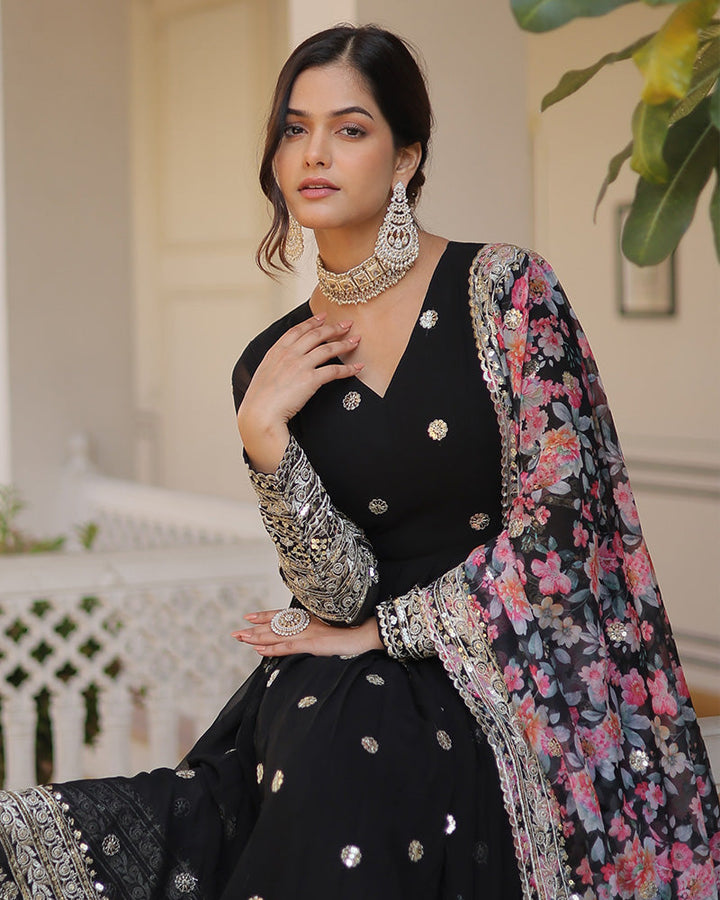 Black Color Faux Georgette Designer Gown With Dupatta  - By Qivii