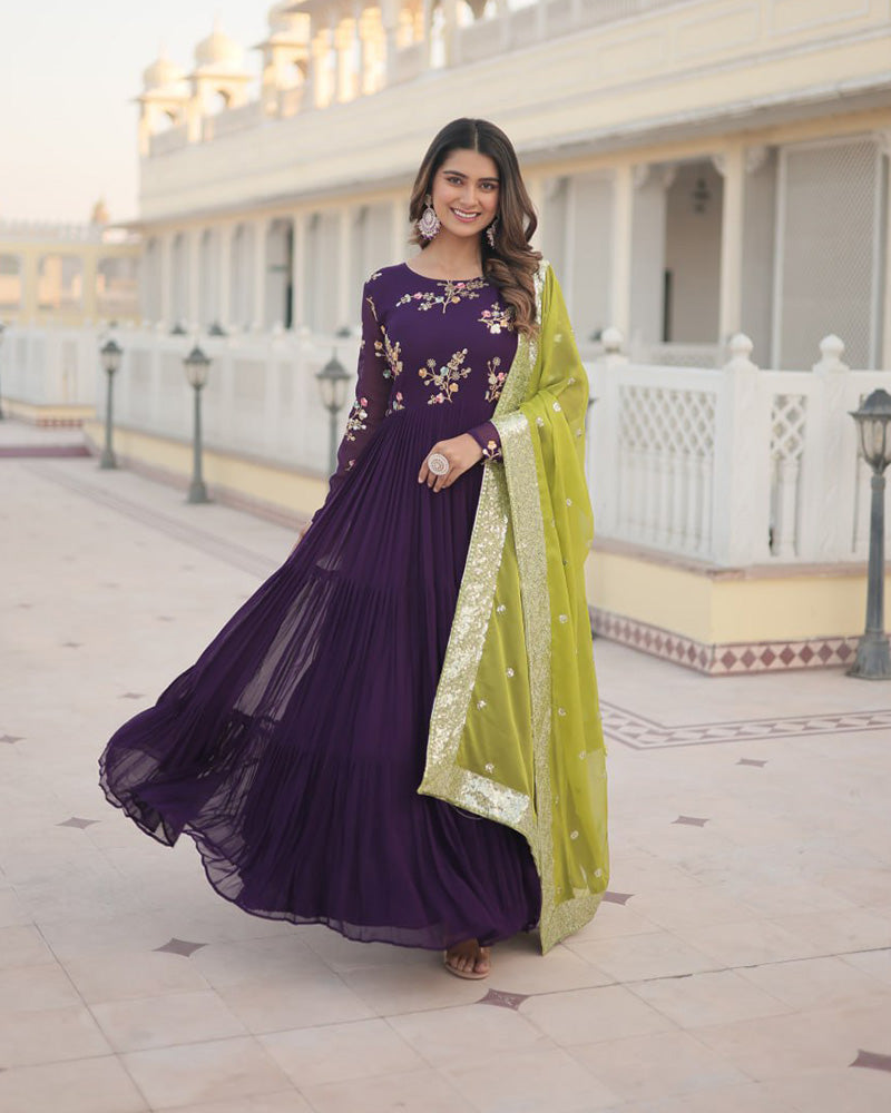 Wine Color Three layer Georgette Gown With Russian Silk Dupatta  - By Qivii