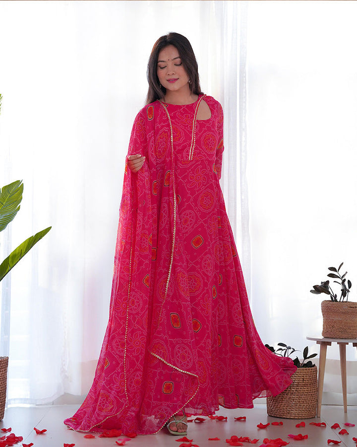 Pink Color Bandhej  Print Soft Chiffon Stylish Neck Three Piece Anarkali Gown  - By Qivii