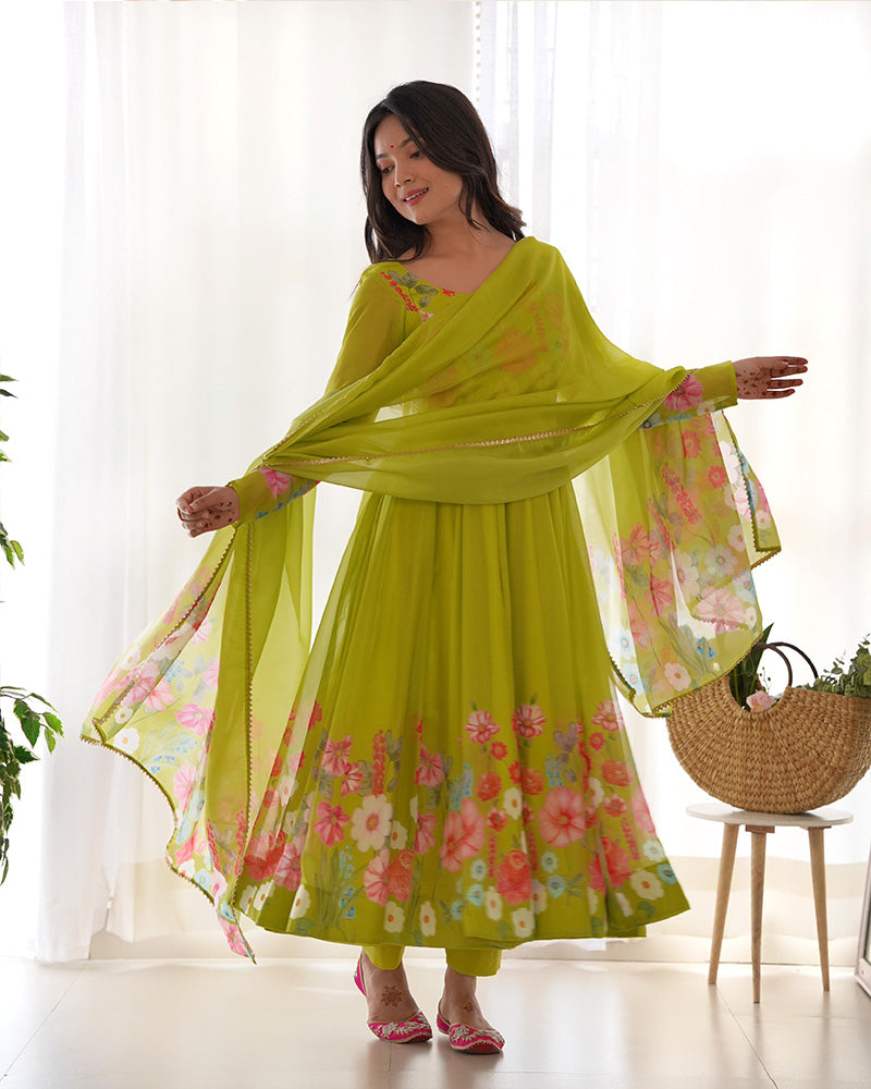 Neon Color Floral Print Organza Three Piece Anarkali Suit  - By Qivii