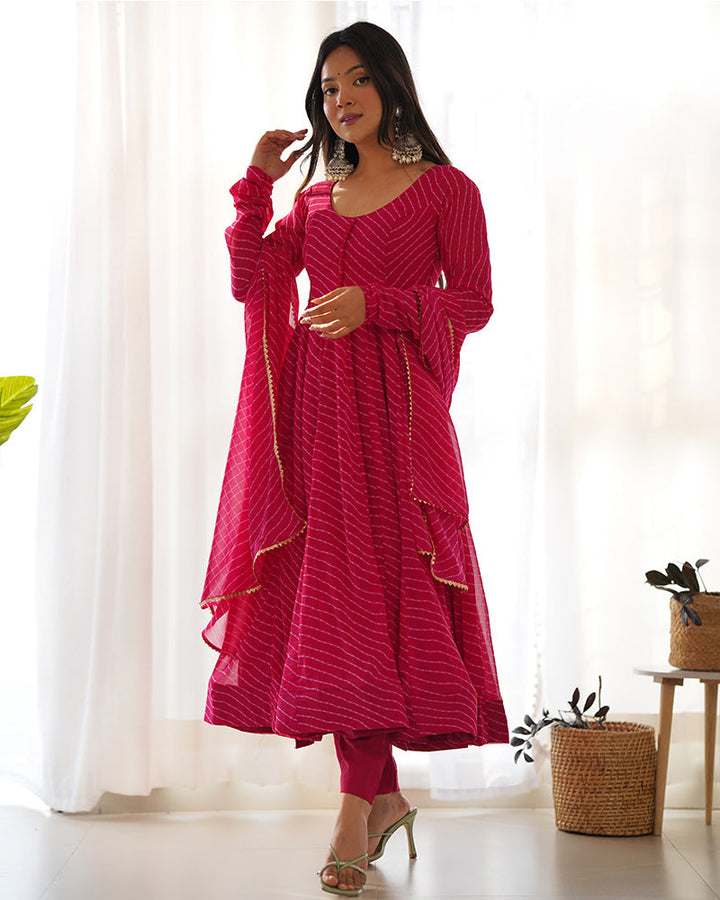 Rani Pink Color Laheriya Print Georgette Three Piece Anarkali Suit  - By Qivii