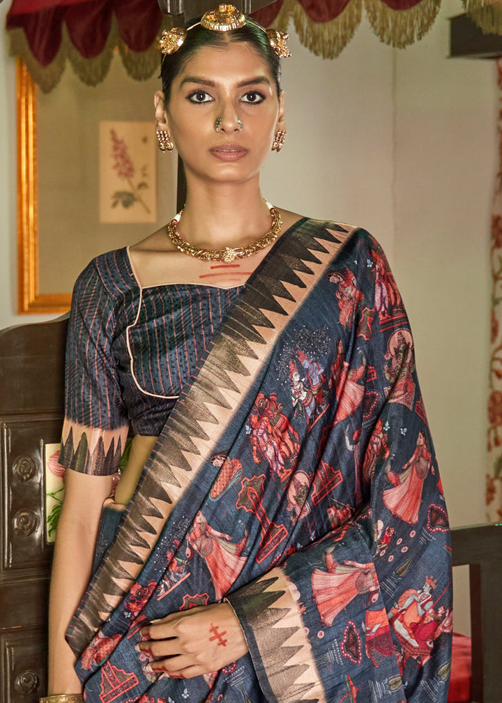 Space Blue Designer Printed Silk Saree