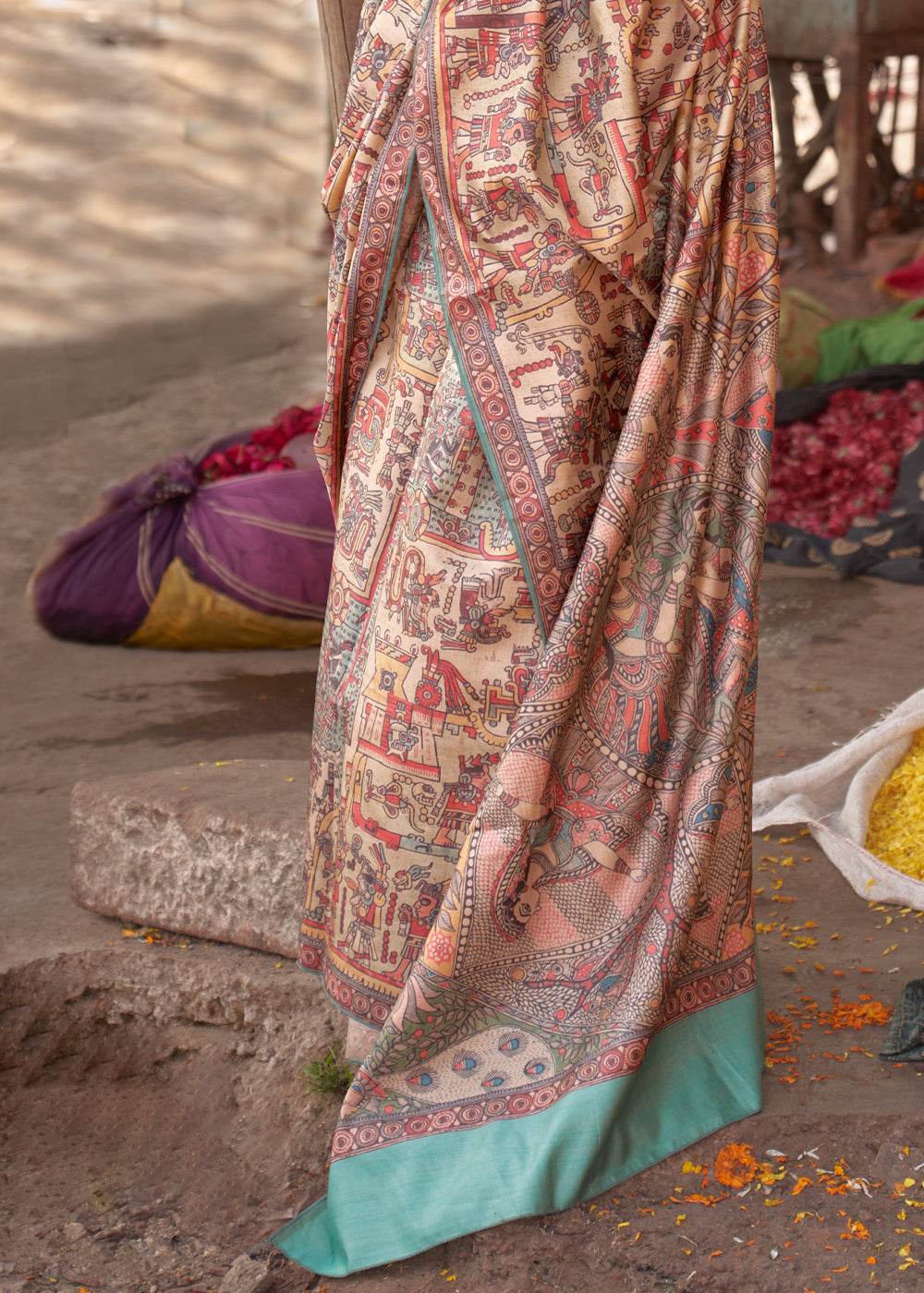 Arctic Blue Madhubani Digital Printed Silk Saree