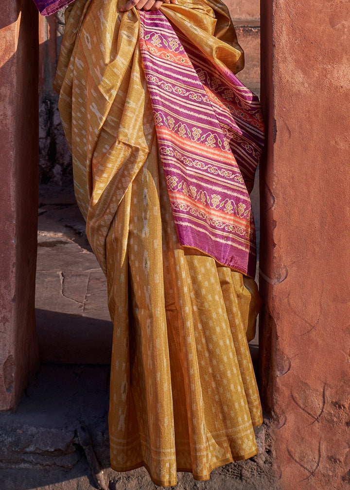 Mustard Yellow Ikkat Silk Jaipuri Saree with Embroidery Designer Blouse