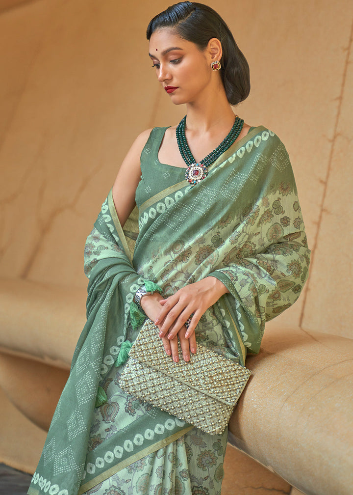 Primal Green Floral Printed Chanderi Cotton Saree