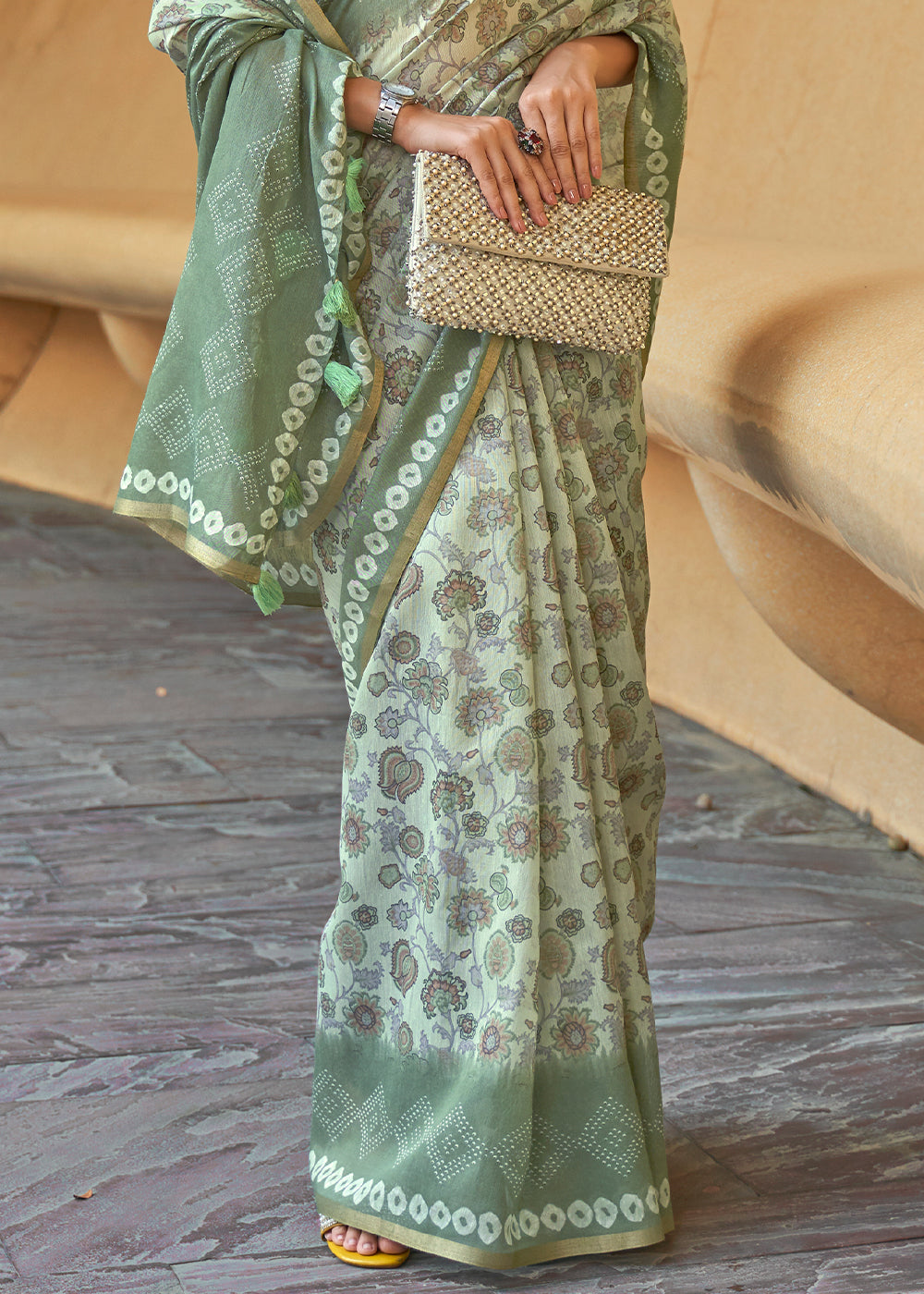 Primal Green Floral Printed Chanderi Cotton Saree