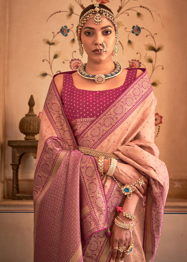 Beautiful light peach pink Banarasi silk saree with intricate zari weaving