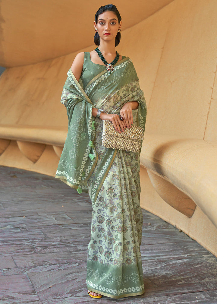 Primal Green Floral Printed Chanderi Cotton Saree