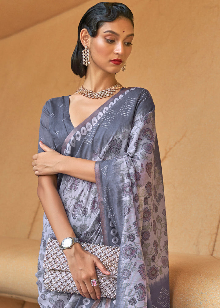 Shades Of Grey Floral Printed Chanderi Cotton Saree