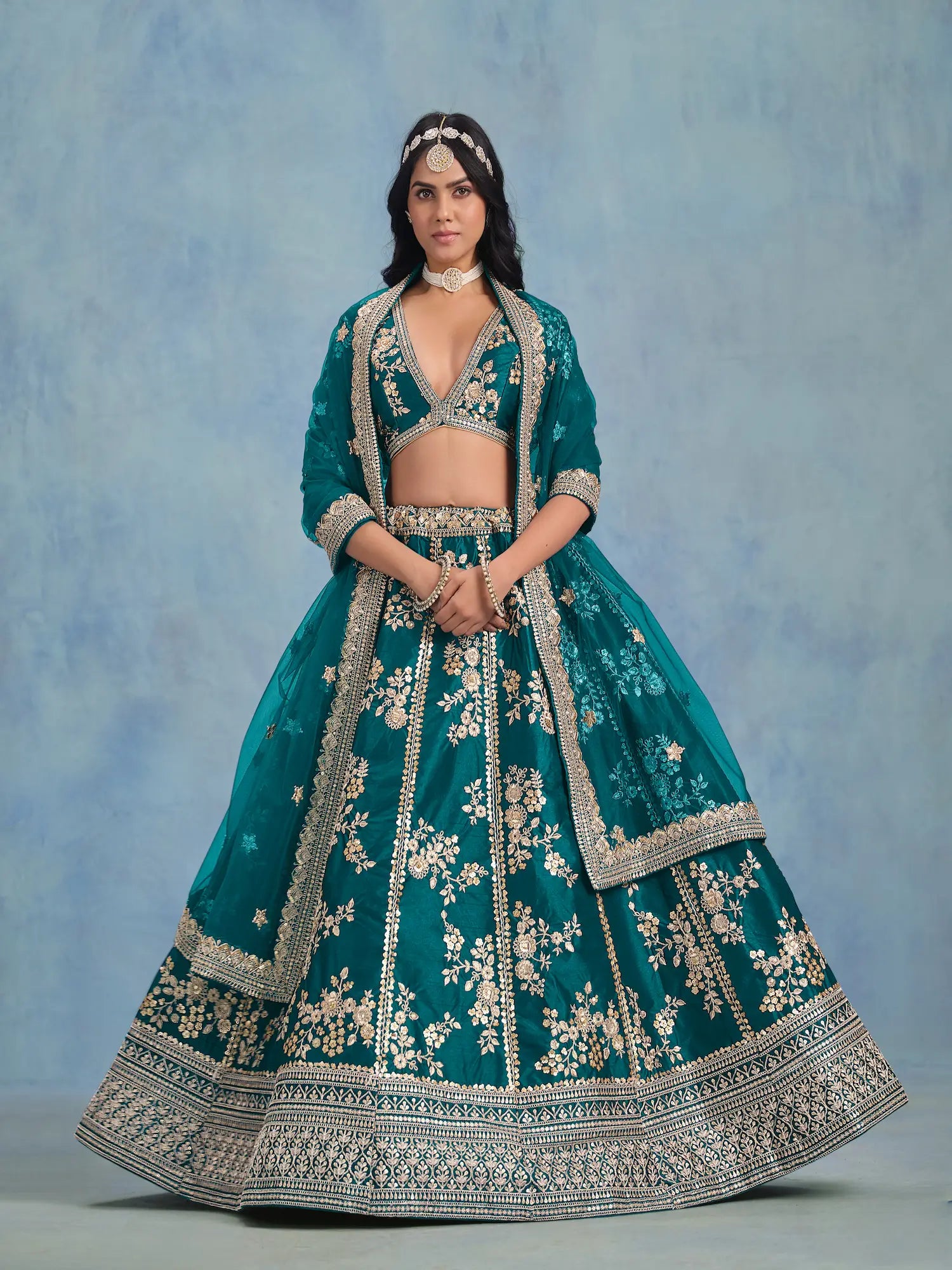 Teal Green Art Silk Thread & Sequence Embroidery Work Lehenga Choli - qivii