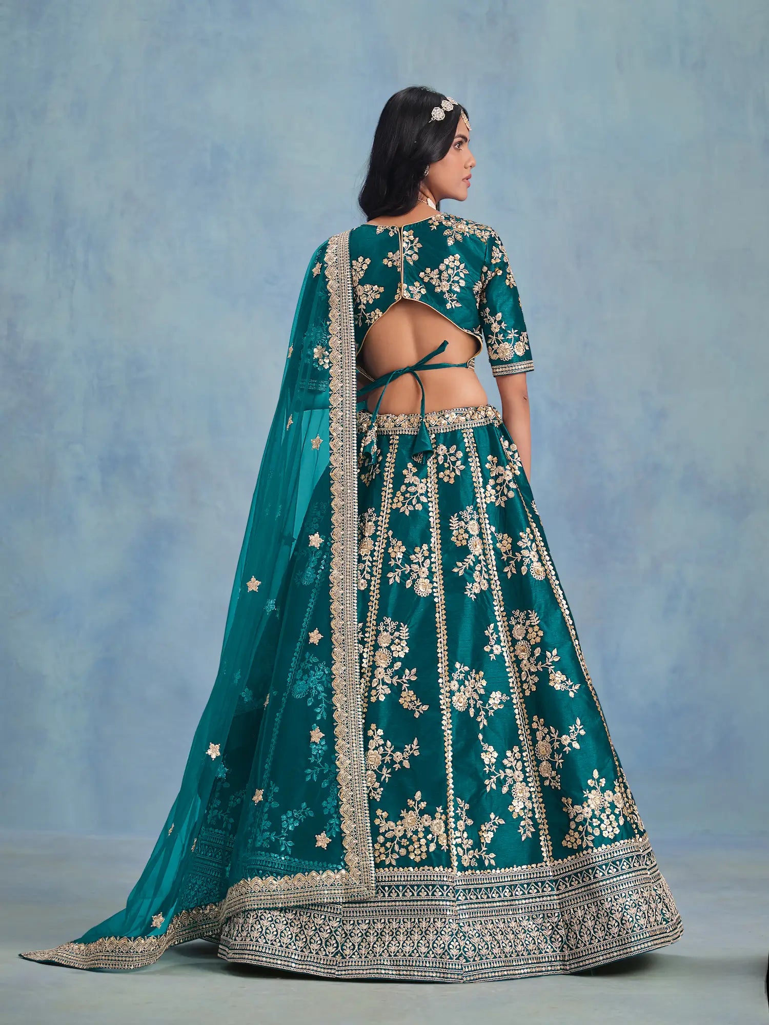 Teal Green Art Silk Thread & Sequence Embroidery Work Lehenga Choli - qivii