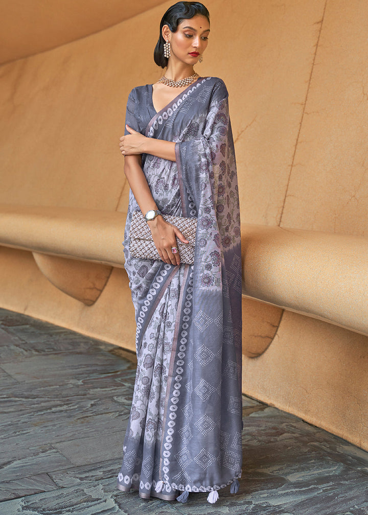 Shades Of Grey Floral Printed Chanderi Cotton Saree