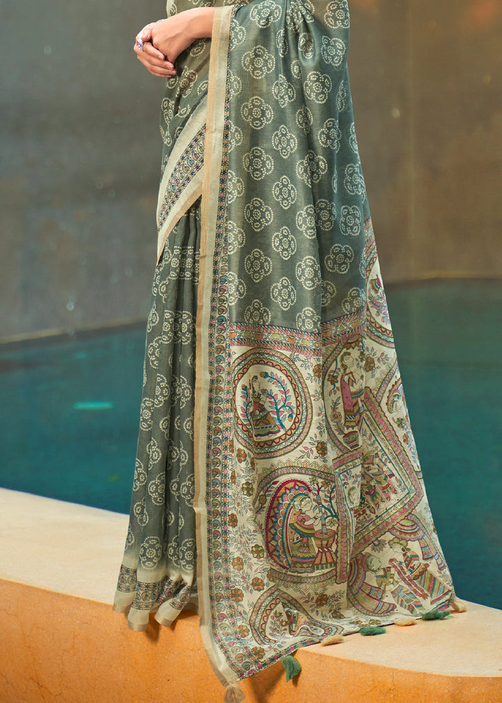 Fern Green Floral Printed Chanderi Cotton Saree