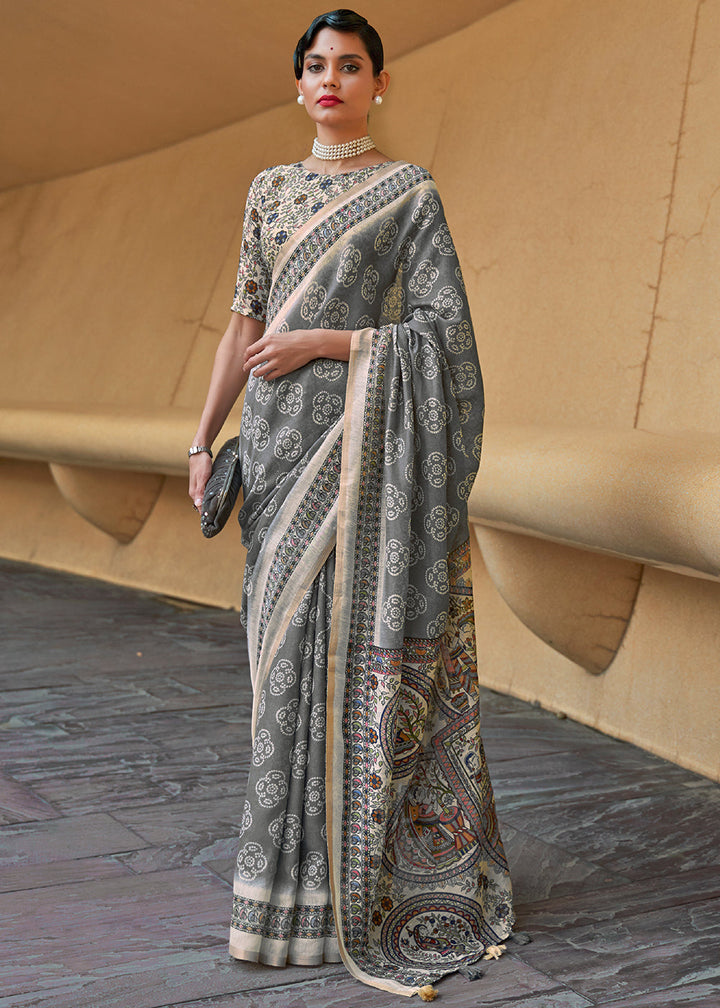 Steel Grey Bandhani Printed Chanderi Cotton Saree