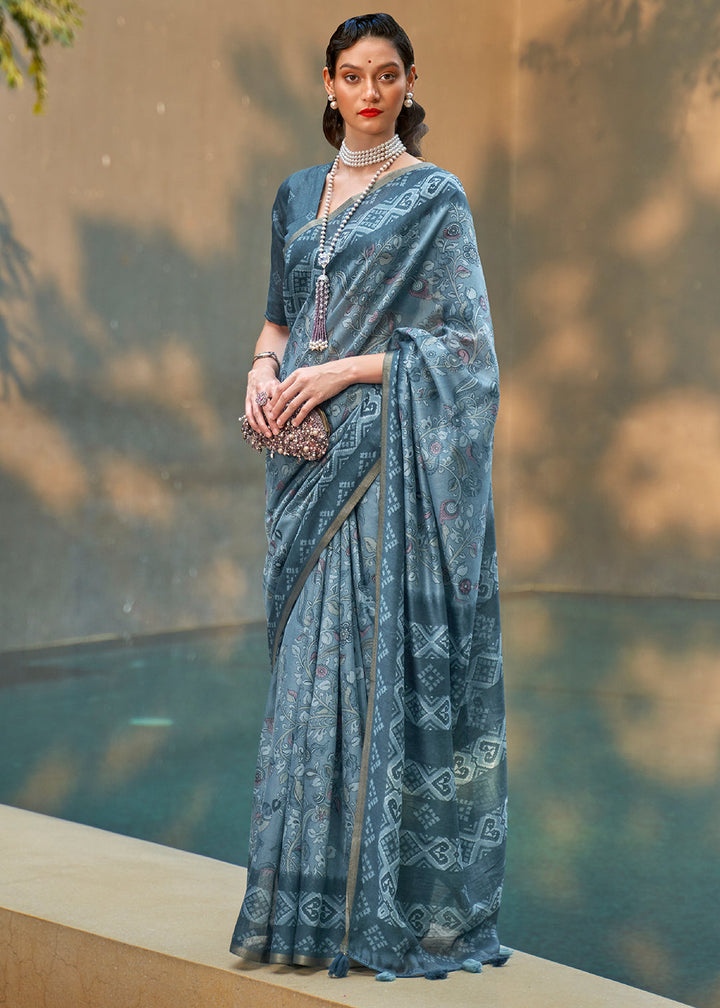 Steel Blue Floral Printed Chanderi Cotton Saree