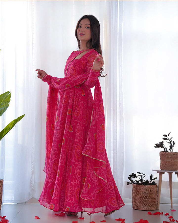 Pink Color Bandhej  Print Soft Chiffon Stylish Neck Three Piece Anarkali Gown  - By Qivii