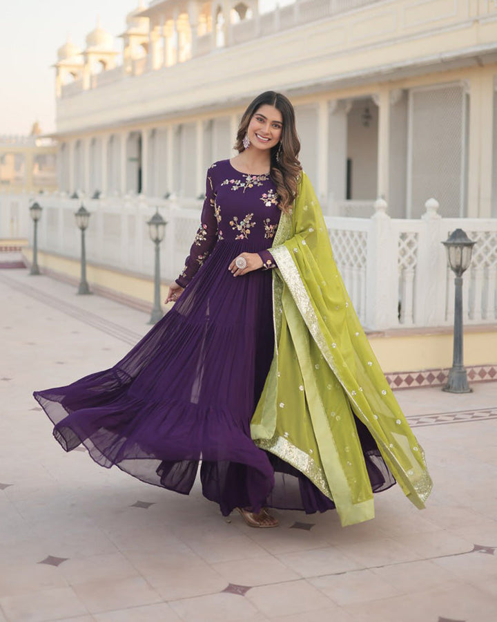 Wine Color Three layer Georgette Gown With Russian Silk Dupatta  - By Qivii