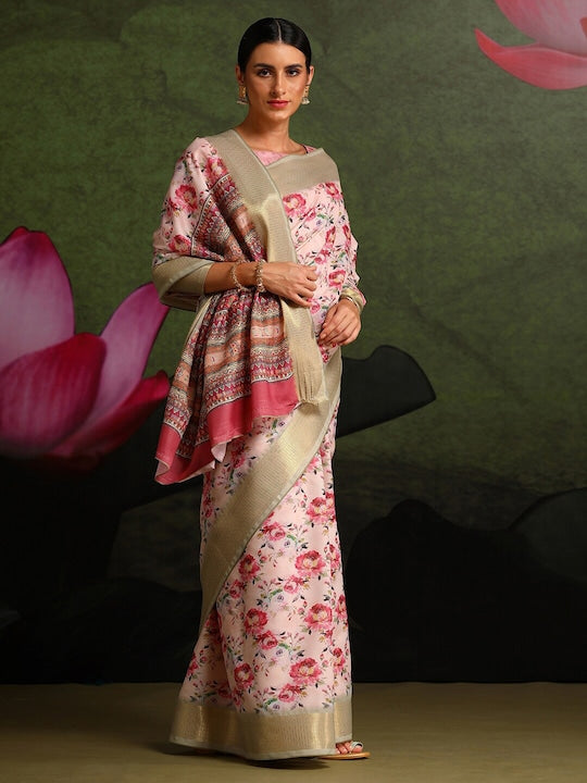 Women's Silk Blend Pink Printed Celebrity Saree With Blouse Piece