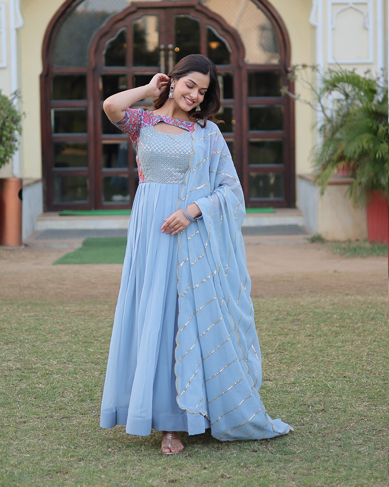 Sky Blue Color With Fancy Neck Faux Georgette Designer Anarkali Suit  - By Qivii