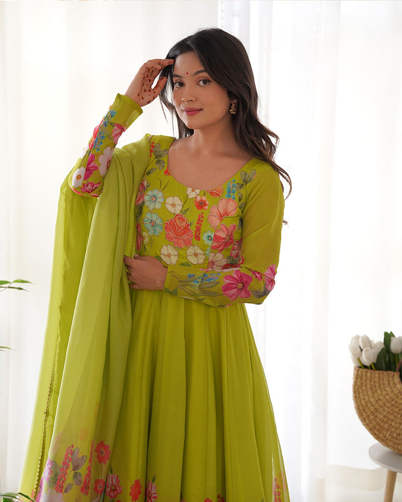 Neon Color Floral Print Organza Three Piece Anarkali Suit  - By Qivii