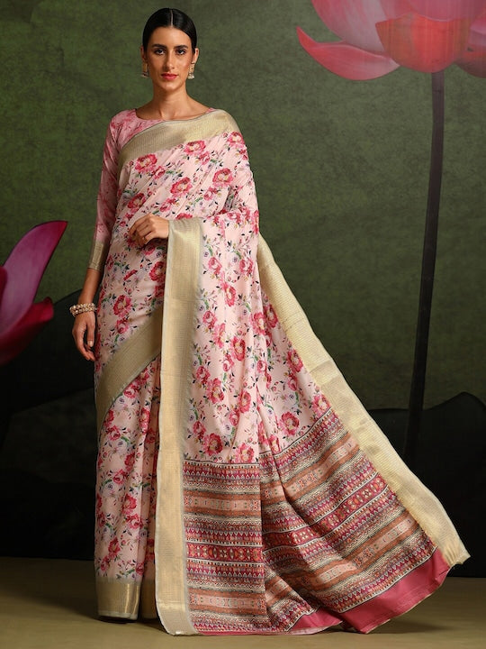 Women's Silk Blend Pink Printed Celebrity Saree With Blouse Piece