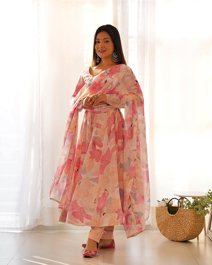 Beautiful Baby Pink Multi Color Georgette Three Piece Anarkali Suit  - By Qivii