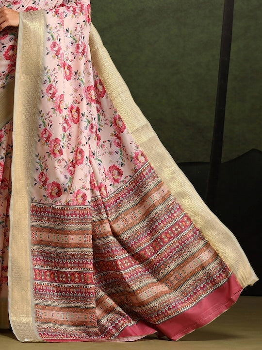 Women's Silk Blend Pink Printed Celebrity Saree With Blouse Piece